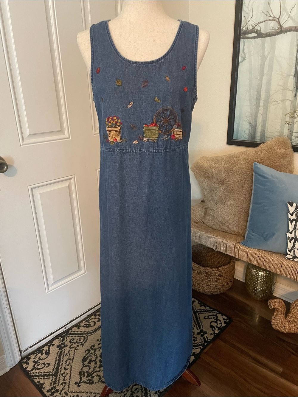 Bobbie Brooks Denim Maxi Dress with Autumn Fall Embroidery Cottagecore